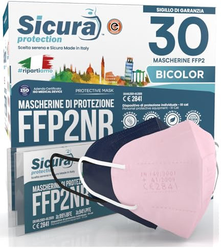 30 Masken FFP2 rosa und blau, CE-zertifiziert, farbig (15 + 15), hergestellt in Italien, sicher BFE ≥ 99 % FFP2-Maske desinfiziert und einzeln versiegelt