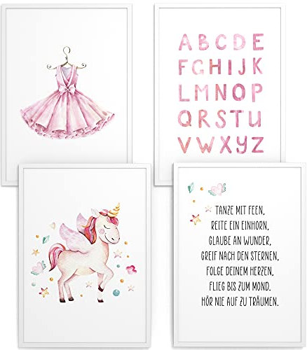 Papierschmiede® Kinderbilder 4er Set, A3 gerahmt in Holzrahmen (weiß), Geschenk für Mädchen Wanddeko Kinderzimmer Babyzimmer, Einhorn ABC rosa Kleid, Aquarell Unicorn