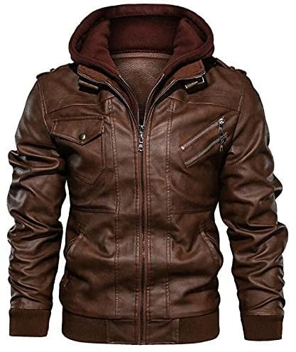 Blouson de moto en cuir synthétique pour homme - Col montant - Fermeture éclair - Coutures latérales - Grande taille - Décontracté - Ourlet droit, marron, XXXL
