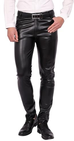 FEOYA Herren Kunstleder Hosen Slim Fit Stretch Hose aus PU Leder mit Taschen Faux Lederhose Lederjeans Lang Bikerhose Schwarz 40 Bleistifthose Enge Hose Elastisch Motorrad Cosplay Sommer Frühling