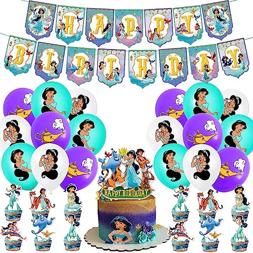44 Pcs Prinzessin Luftballons,Princess Jasmine Luftballon,Prinzessin Luftballons Geburtstagsfeier,Prinzessin Party Geburtstag Deko Cake Toppers Banner,Princess Ballons für Kinder Party Dekoration.
