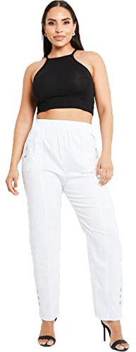 Ladies Full Length Cherry Berry Soft Pants 2 Pockets Stretch Casual Wear Pull On High Elasticated Waist Light Weight Straight Fit Plus Size Capri Trousers for Women UK 12-24 (White, 24)