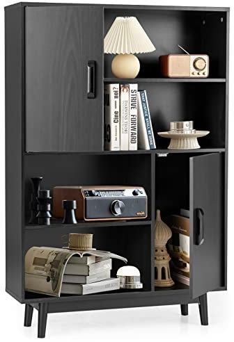 GIANTEX Wohnzimmerschrank Bücherschrank, Bücherregal Standregal 2 Türen & 4 offene Regalen, Beistellschrank Vitrinenschrank Sideboard aus Holz, Holzregal Aufbewahrungsregal Wohnzimmer 80x24x119,5 cm