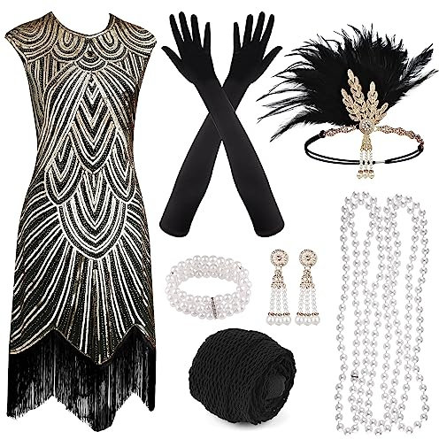 PLULON 1920er Jahre Pailletten Perlen Flapper Gatsby Kleid mit 20er Accessoires Set Roaring 20s Kostüme Stirnband Halskette Handschuhe für Frauen
