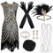 PLULON 1920er Jahre Pailletten Perlen Flapper Gatsby Kleid mit 20er Accessoires Set Roaring 20s Kostüme Stirnband Halskette Handschuhe für Frauen