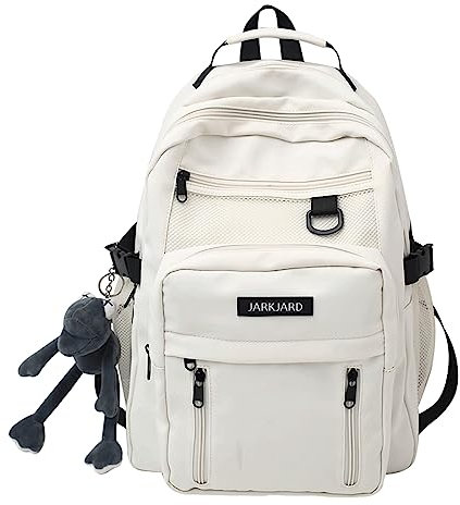 JARKJARD Niedlicher ästhetischer Rucksack, niedlicher Rucksack für die Schule mit süßem Anhänger, lässiger Tagesrucksack, Mittelschüler, Reisen, College, Weiß, Tagesrucksack