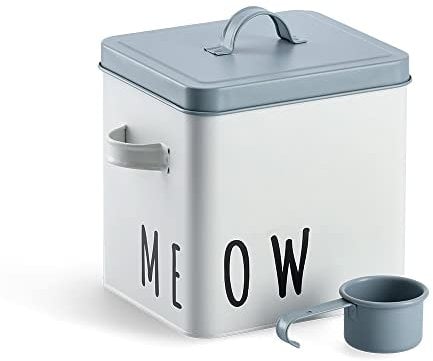 Zeller 19219 Meow - Recipiente para alimentos (metal, 23,4 x 16,2 x 18,5/21 cm), color blanco y azul