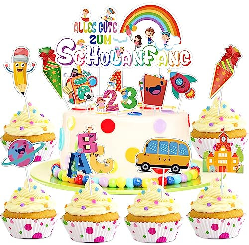 24 Stück Schulanfang Tortendeko Einschulung Cupcake Topper Dekorationen Kuchendeko Schulanfang ABC 123 Schuleinführung Kuchen Dekorationen, Für Mädchen und Junge Schulanfang Party Deko