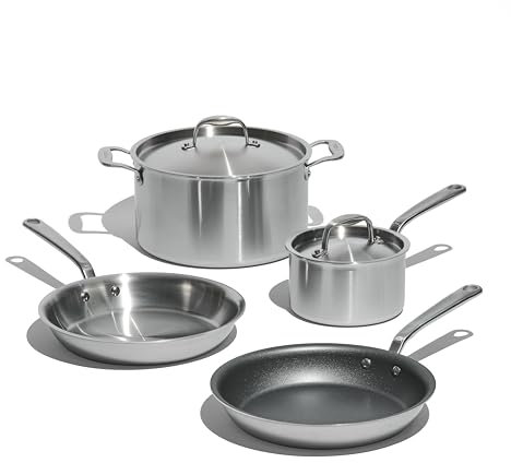 Made In Utensilios de cocina - Juego de utensilios de cocina de acero inoxidable de 6 piezas - Revestido de 5 capas - Incluye sartenes, cacerola y olla - Grado profesional - Italia