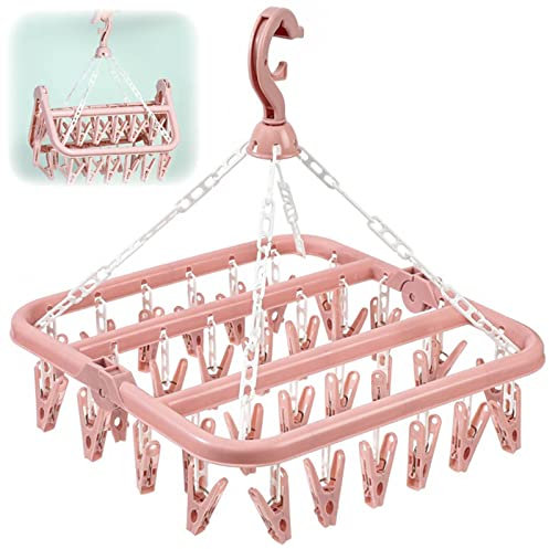 MENFENG Clothes Drying Hanger and Drip Foldable Hanging Sock Rack(32 Clips ) Multifunction clothes drying rack,Rotary Wind-sock hanger for washing line,for Socks, Underwear, Bras, Baby Clothes (Pink)