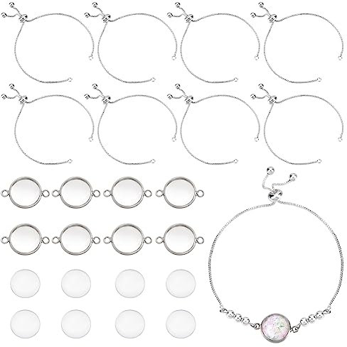 NBEADS 8 Pcs Bezel Bracelet Tray Settings, Bezel Base Round Cabochon Bezel Tray Blank Bangles Bracelets with Glass Dome for Jewelry Making DIY Bracelets Decorative Trays