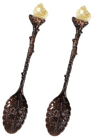 Soulnioi 2pcs Vintage Carved Mini Crystal Spoons, Decorative Tea Spoons Set Retro Zinc Alloy Spoons, Dessert Spoon for Ice Cream, Cake, Party, Home Dining, Bar (Citrine)
