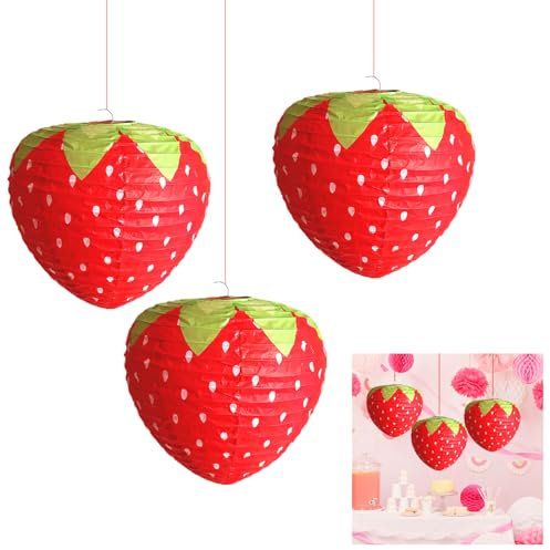 3 Pcs Erdbeer Papier Laternen, 30CM Papier Lampions Kinder Hänger Kinder Lampions Erdbeere Papierlaterne Mädchen Party Dekorationen für Geburtstag Babyparty Maskerade Party Zimmerdeko