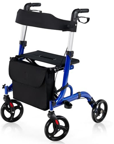 COSTWAY Rollator faltbar und leicht mit Sitz, 2 in 1 Ruhestuhl & Reiserollator, Gehhilfe 6-fach höhenverstellbar, Gehwagen mit Tasche & Stockhalter & 2 Bremsen, Aluminiumlegierung (Blau)