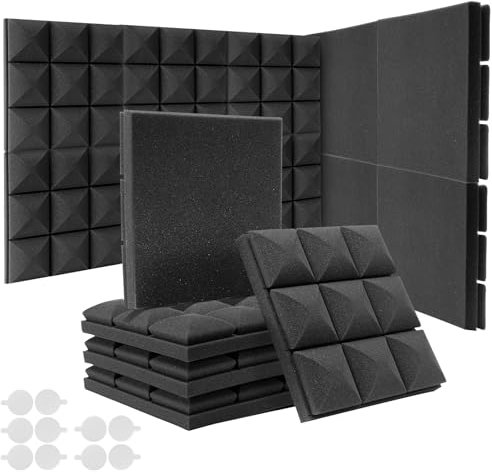 JAMELO 12 Pièces Mousse Acoustique champignon 25 x 25 x 5 cm Mousse de Polyuréthane Haute Densité pour Isolation Acoustique Absorbeur de Bruit Isolation Acoustique Traitement Acoustique