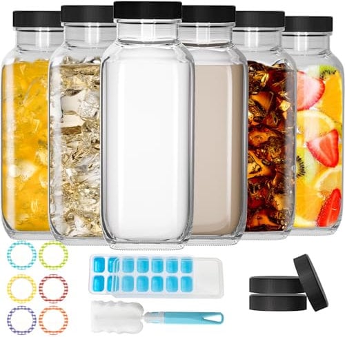 HYCKee Glasflaschen mit Deckel, 500 ml, 6 Stück, wiederverwendbare Trinkflaschen für Saft, Smoothies, Kombucha, Saucen, auslaufsichere Glasflaschen mit Stift und Etiketten, 23-02000-047-01-UK