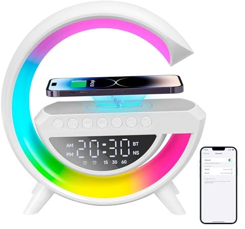 Waiybbit Alarm Clocks Bedside with Wireless Charging Speaker, RGB Colour Changing Bedside Table Lamp for Bedroom, Home Decor Gifts for Boy Girl Teen Men Women