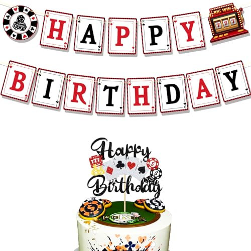 Ushinemi Caisno Casino Thema Party Dekorationen Poker Nacht Happy Birthday Banner mit Glitzer Las Vegas Casino Kuchen Dekorationen Poker Cake Topper Casino Party Supplies