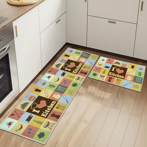 Küchenteppiche Rutschfestes Küchenmatten 2 Stück, Waschbar Küche Bodenmatte Küchenmatten Set Mit Schiebeaufkleber,Komfort Pflegeleicht Für Küche Staubdicht Fußmatte (Kitchenware D, 40x60+40x120cm)
