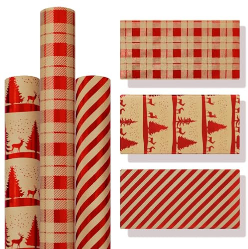 Zindoo Geschenkpapier Weihnachten, 3 Rolle 43x300cm Natural Kraft Weihnachtsbaum, Elch, klassische Streifen und Gingham-Muster, Geschenke zur Geburtstag, Muttertag, Valentinstag zu Verpacken