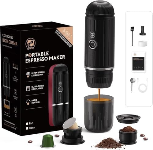HAILASRE Tragbare elektrische EspressoMaschine, Selbst-Erwärmung 2 IN 1 Extraktions system, Crema Nespress Espresso Kaffee maschine, Unterstützung gemahlenen Kaffee und NS Kapsel, ME2218 (BLACK)