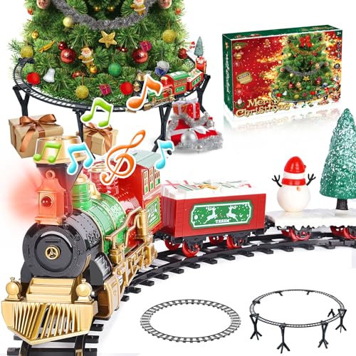 Herenear Tren Eléctrico de Navidad para Colgar en el Árbol, Juego de Pistas Clásico para Decoración Navideña, Niños 5-8 Años (Bajo los Árboles)