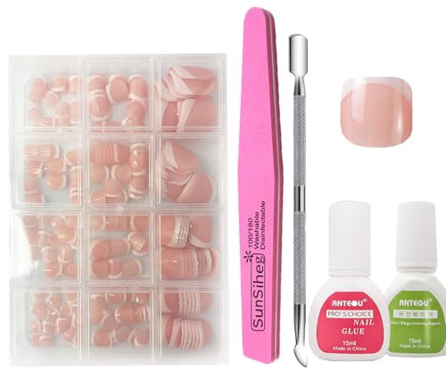 Press on Nails for Toe,240Pcs Fake Toenails French Tip Nude Pink Color False Nail Glossy,Full Set Fake Toe Nails DIY Nail Art,Full Cover Glue on Nails,Nail Decoration with Glue,Glue Remove,Nail Files