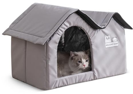 ALLSOPETS Casa para Gatos Plegable de Exterior, Caseta Impermeable para Perros, Refugio Cálido Aislado con Techo Doble para Mascotas Pequeñas y Medianas (Gris Grafito)