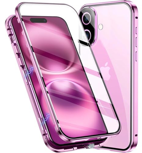 Colala Hülle für iPhone 16 Magnetische Adsorption Handyhülle Hartglas mit Vorderseite und Rückseite,Metallrahmen Hülle mit Eingebaut Magnet,Ultra Dünn 360 Grad Schutzhülle,Rosa