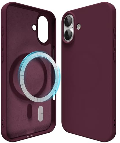 oakxco Coque Magnétique Silicone pour iPhone 16, Compatible avec MagSafe, Antichoc, Étui Mince, Antichoc Souple, Esthétique, Tendance, Coque Rigide pour Femme, Prune