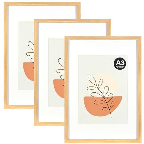 KAIWIN Bilderrahmen Eiche A3 3er Set mit Passepartout 21x30 cm (A4) | Fotorahmen mit Acrylglas zum Aufhängen | Für Fotos, Poster, Puzzles, Posterrahmen