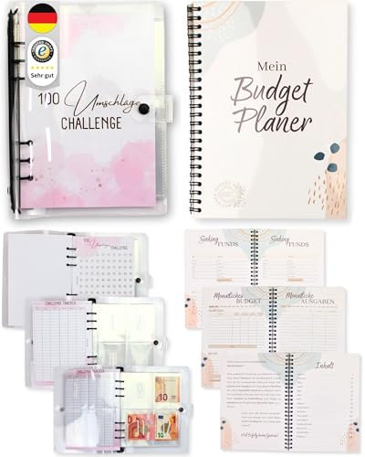BeginnerBudget® Budget PLanner Deutsch Haushaltsbuch (144 Seiten) + 100 Umschläge Envelope Spar-Challenge für Bargeld – A5 Clear Binder + Planer zum Geld Sparen Sparbuch Organizer (Schwarz)
