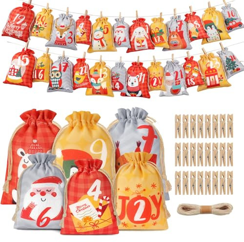 AFXXE Adventskalender zum Befüllen 2025,24 Adventskalender Selber Befüllen Kinder Stoff,2 Groß Säckchen Tüten,Leere Weihnachtskalender zum Selbst Befüllen