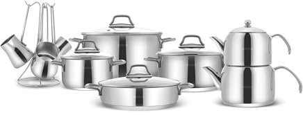 Karaca Belgrad 15 Pcs Stainless Steel Pots with Lids, Induction Compatible Complete Cooking Pots, Turkish Tea Set (Caydanlik) & Coffee Maker, Durable Cookware Set (Tencere SETI)