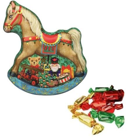 Windel | Schaukelpferd Metall Weihnachtsdekoration Milchschokolade | Aufklappbare Geschenkdose aus blauem Metall mit Schokoladenpralinen – 129 Gr