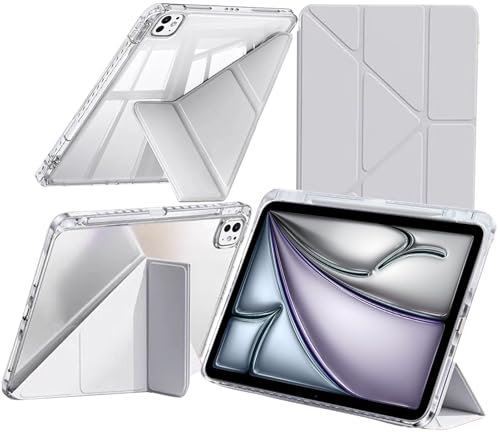 Funda Compatible con iPad Air 13 Pulgadas M2 (2024)/iPad Pro 12.9 2022/2021/2020/2018 con Portalápiz, Clara a Prueba de Golpes, Soporte Plegable 6 en 1, Pencil Pro/USB-C, Gris