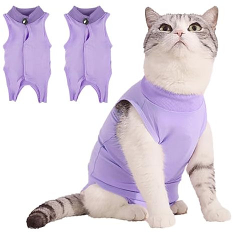 2Pcs Recovery Suit Erholungsanzug Kleidung, Haustiere Schutz Kleidung für Katzen, Chirurgischer Genesungsanzug Katzen Erholungsanzug, Operationsgenesungsanzüge für Katzen (Lila, S)