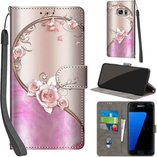 Handyhülle für Samsung Galaxy S7 Hüllen Premium Leder Case Klappbar Wallet Magnet Kartenfach Standfunktion Schutzhülle kompatibel mit Samsung S7 Cover,Rose