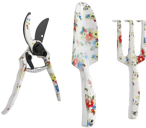 Outsunny Ensemble Jardinage 3 pcs Aluminium – sécateur, truelle, râteau à Main, Motif Floral - Idéal pour Taille et Entretien des Plantes