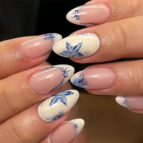 24Pcs Blue & White Bow Flower Press On Nails, Short Fake Nails with Gel Finish, Reusable Glue On Nails Kit for Women, Natural French Tip Design