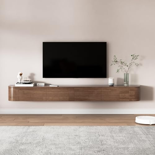 FGNIXLN Floating TV Unit,120-300CM Wall Mounted TV Cabinet, Floating TV Stand with Flip-Down Doors & Drawers, Modern TV Media Console Center Large Storage TV Bench (Walnut, 200CM)