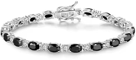X JEWELS Oval Cut Natural Black Onyx with Moissanite Tennis Bracelet 925 Sterling Silver Black Gemstone Wedding Bracelet for Women (Rose Gold, 6)