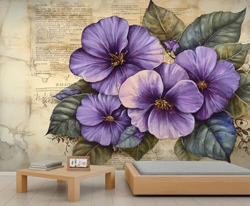 Papier peint mural à fleurs violettes, journaux vintage, papier peint de fleurs pour salon, chambre à coucher, bureau, hôtel, bar, décoration de plafond - 150 x 100 cm