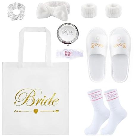 JGA Accessoires Frauen, 9 Stück Bride to Be Geschenke für junggesellenabschied frauen, Brautpantoffeln, Stofftasche, kleinen Spiegel, Fußring, Haargummi, Socke, Haarband und 2 Armbänder für JGA Deko