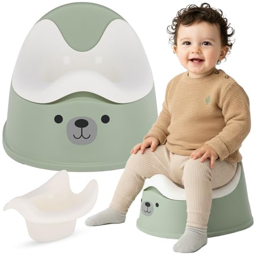 sun baby Kinder Töpfchen 18-36 Monate, rutschfeste Füße, ergonomische Rückenlehne, herausnehmbarer Einsatz, aus Kunststoff, bis zu 15 kg (Grün-Weiß + Aufkleber Bär)
