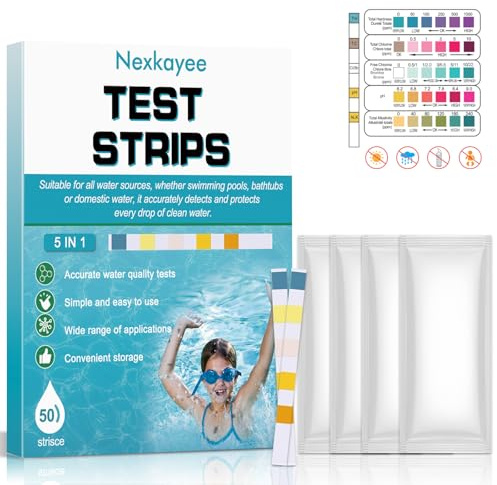 Strisce Test Piscina 5 in 1, 50 Strisce Test Acqua per pH, Cloro Libero, Bromo, Alcalinità e Acido Cianurico, Kit Analisi Acqua Rapido e Preciso per Piscine, Spa, Vasche Idromassaggio e Acquari