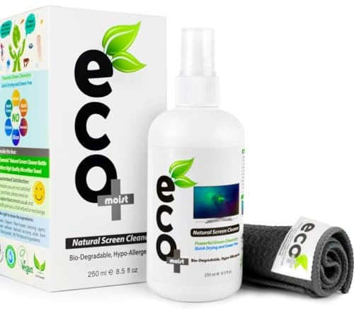 Ecomoist Natural Screen Cleaner 250ml with Fine Microfiber Towel For LCD TFT Plasma Computer Laptop Made in UK