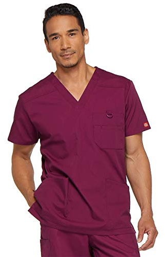 Dickies Men's Big & Tall V-Neck Scrub Double Chest Pocket Top Medical Shirt, Wine, 3XL