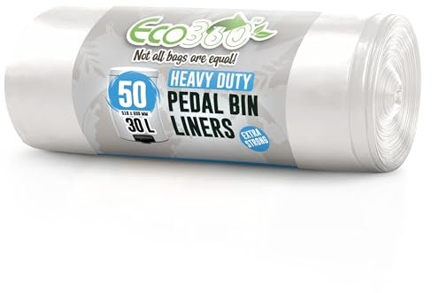 EcoBag 50 Stück robuste weiße Müllbeutel, 30 l, 15 Mikrometer, extra stark, auslaufsicher, reißfest, für Treteimer, Küche, Zuhause und Büro (510 x 600 mm)