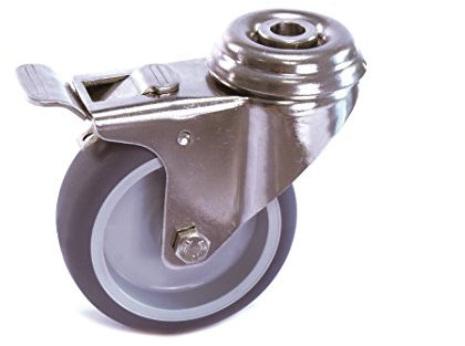Edelstahlrolle 50 mm Gummi grau spurlos Rückenloch mit Bremse V2A INOX Transportrolle Apparaterolle aus Edelstahl